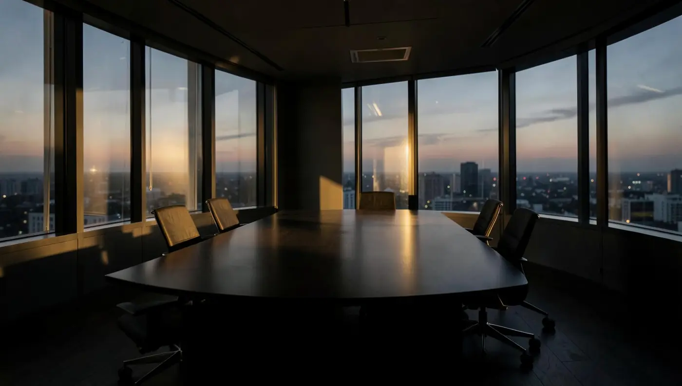 Empty modern boardroom at dusk with a long dark table lit by warm golden light