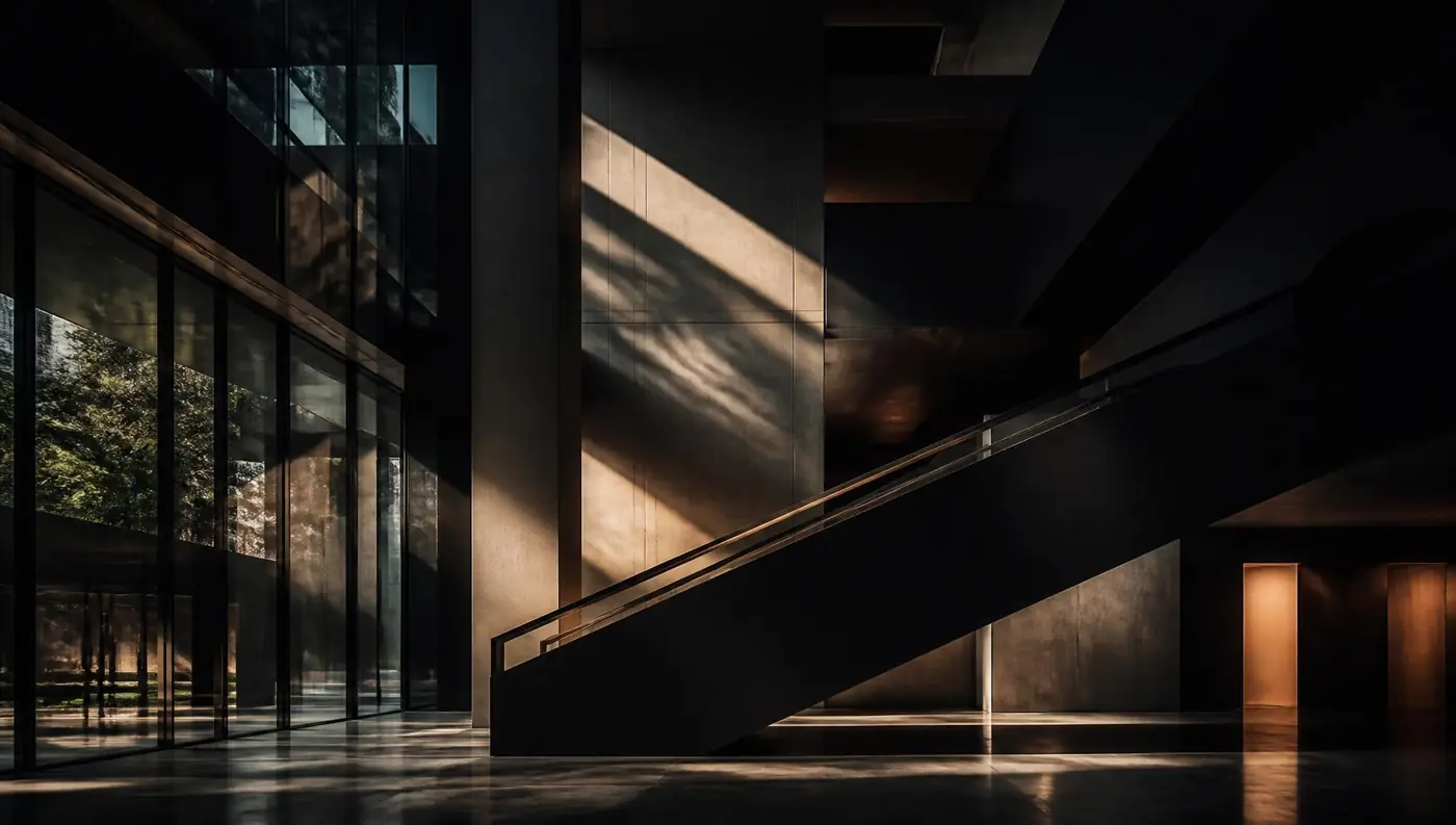 Low-angle view of a modern glass and concrete technology campus atrium in charcoal and gold light