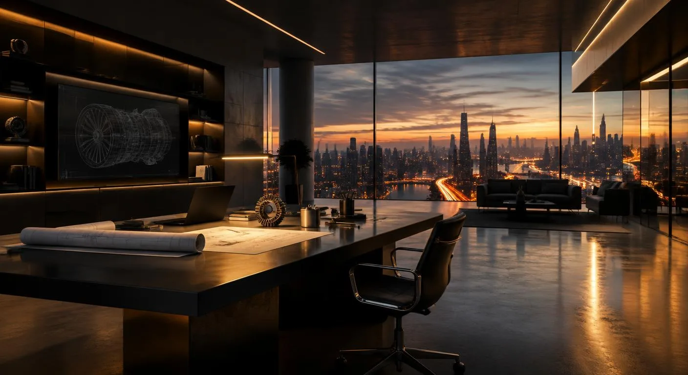 Modern engineering workspace at dusk with blueprints on a dark desk and a city skyline glowing in warm golden light